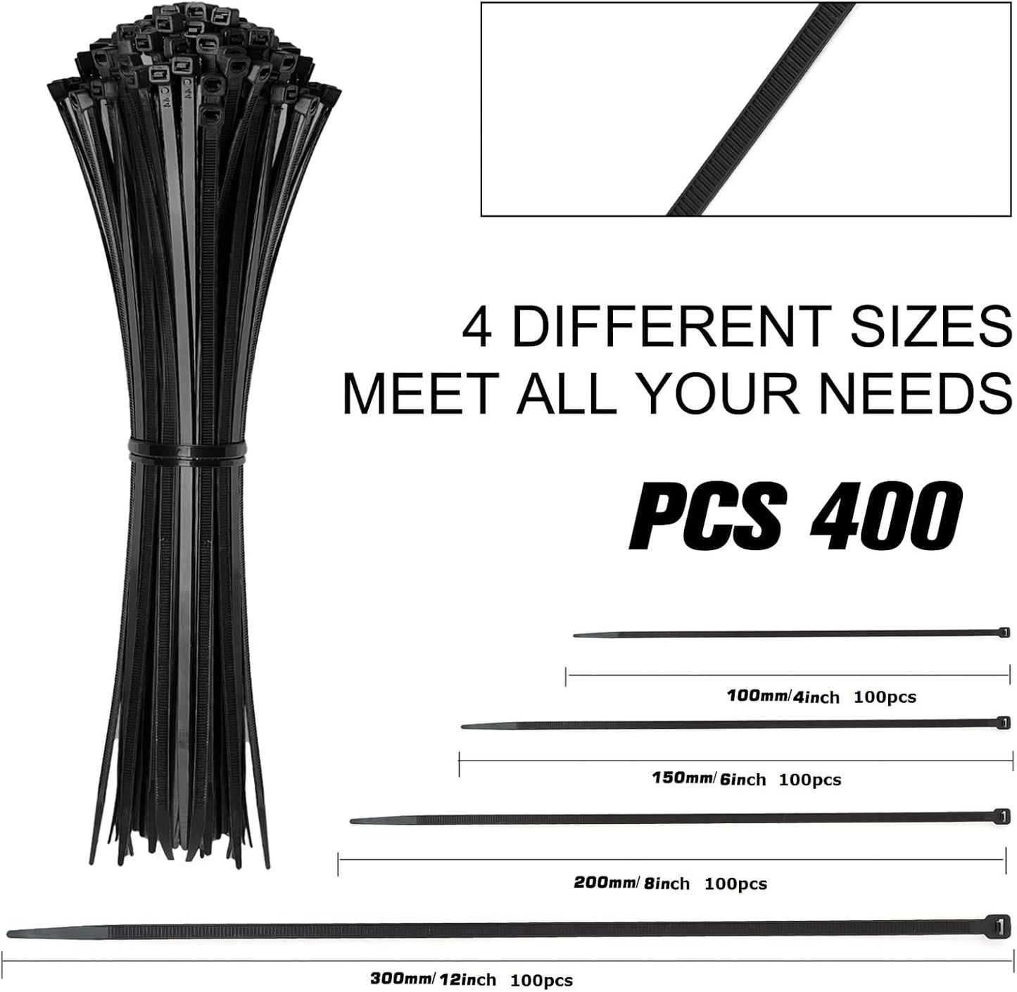 Cable Zip Ties,400 Pack Black Assorted Sizes 12+8+6+4 Inch,Multi-Purpose