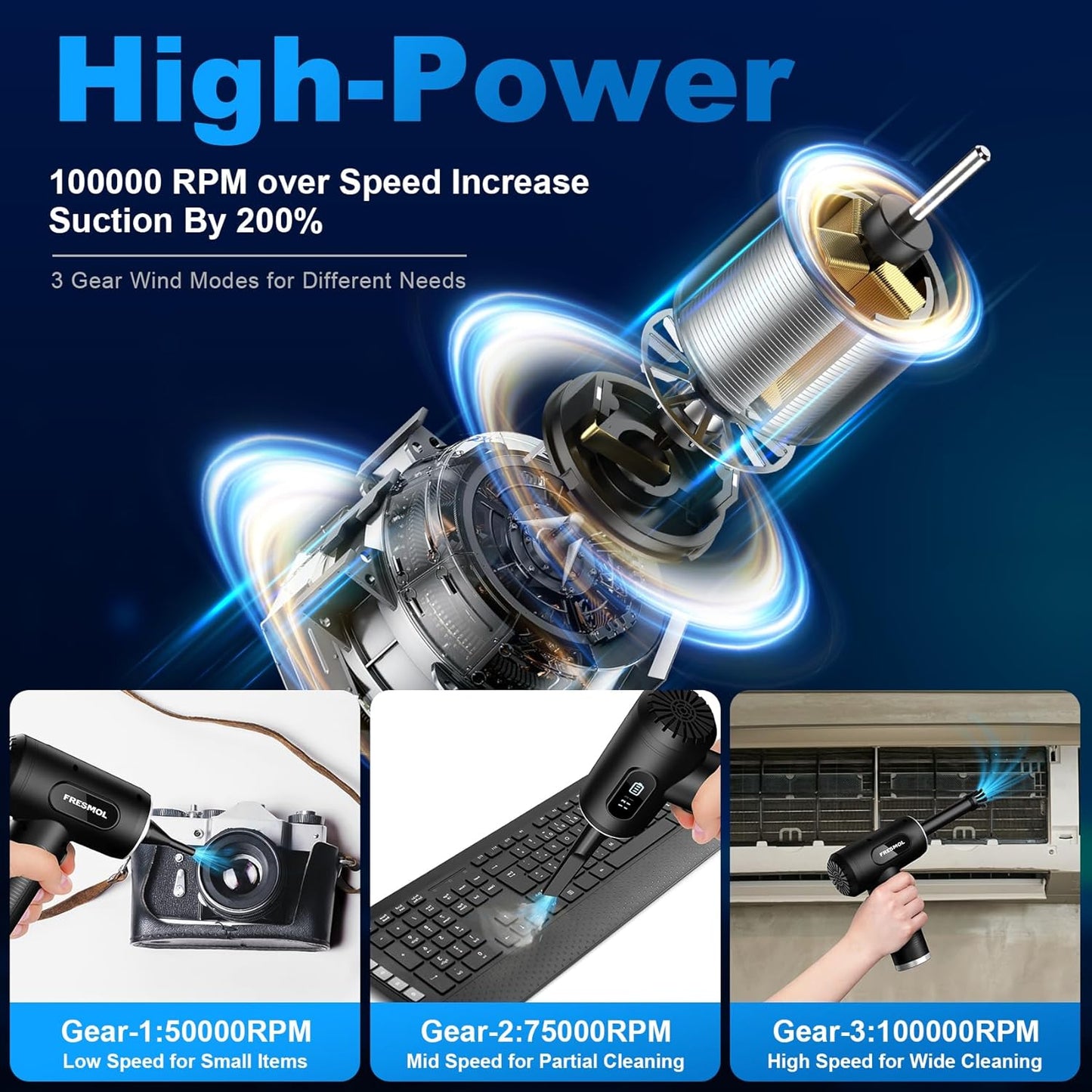Compressed Air Duster-3 Gear Adjustable 100000RPM Electric Air Duster with LED Light