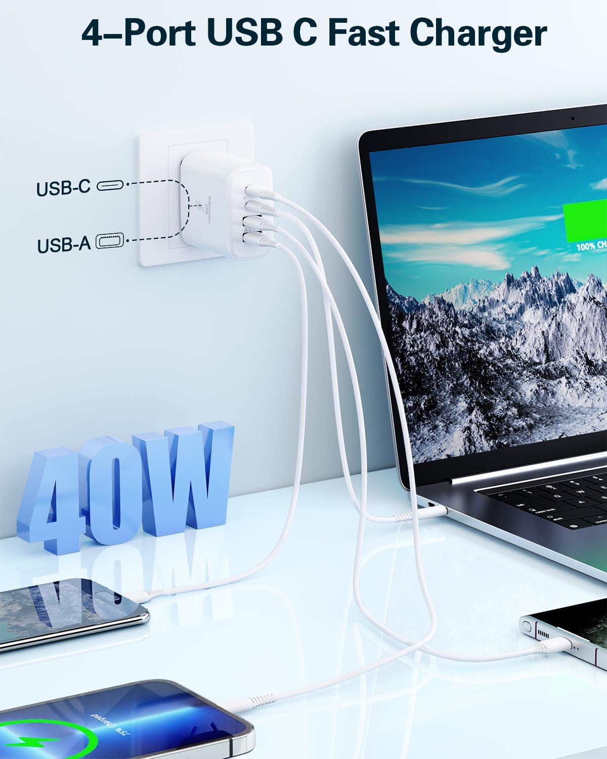 USB C Charger Block, 2-Pack 40W 4-Port USB C Wall Charger Fast Charging Dual Port hargers for iPhone 16 15 14 13 12 11 Pro Max XS,Samsung