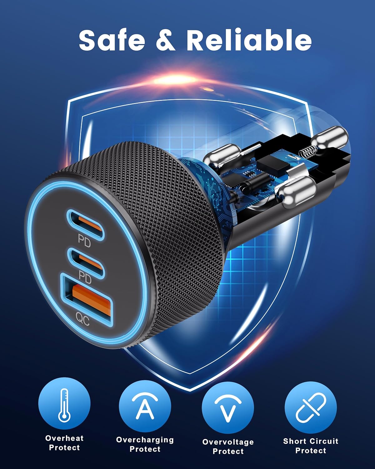 USB C Car Charger, 3-Port 67W Dual USB-C & USB-A Car Power Adapter PD/QC Fast Charging Cigarette Lighter