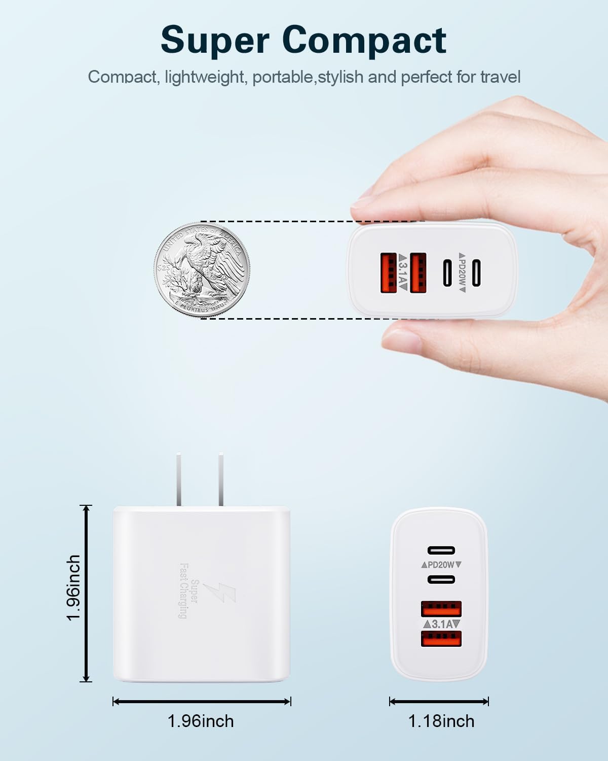USB C Charger Block, 2-Pack 40W 4-Port USB C Wall Charger Fast Charging Dual Port hargers for iPhone 16 15 14 13 12 11 Pro Max XS,Samsung