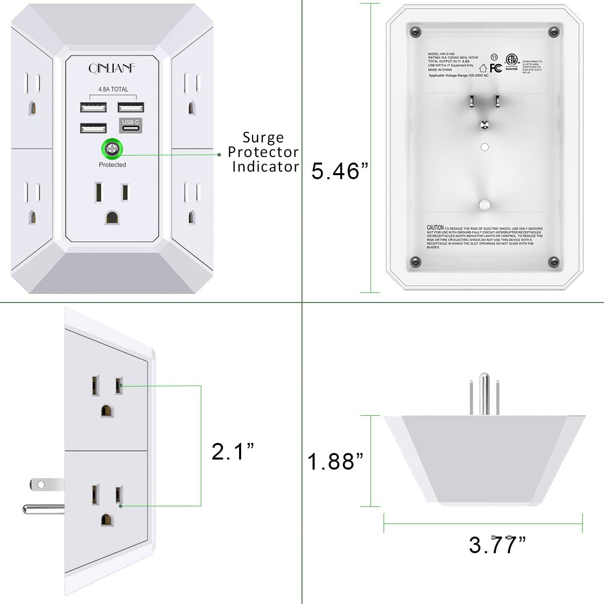 Wall Charger, Surge Protector, QINLIANF 5 Outlet Extender with 4 USB Charging Ports