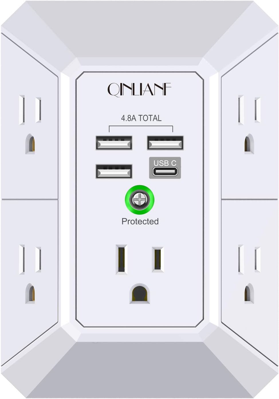 Wall Charger, Surge Protector, QINLIANF 5 Outlet Extender with 4 USB Charging Ports