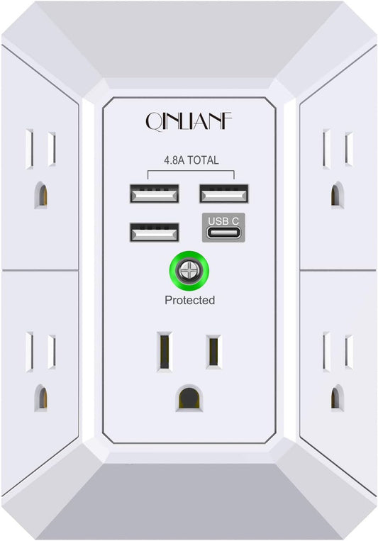 Wall Charger, Surge Protector, QINLIANF 5 Outlet Extender with 4 USB Charging Ports