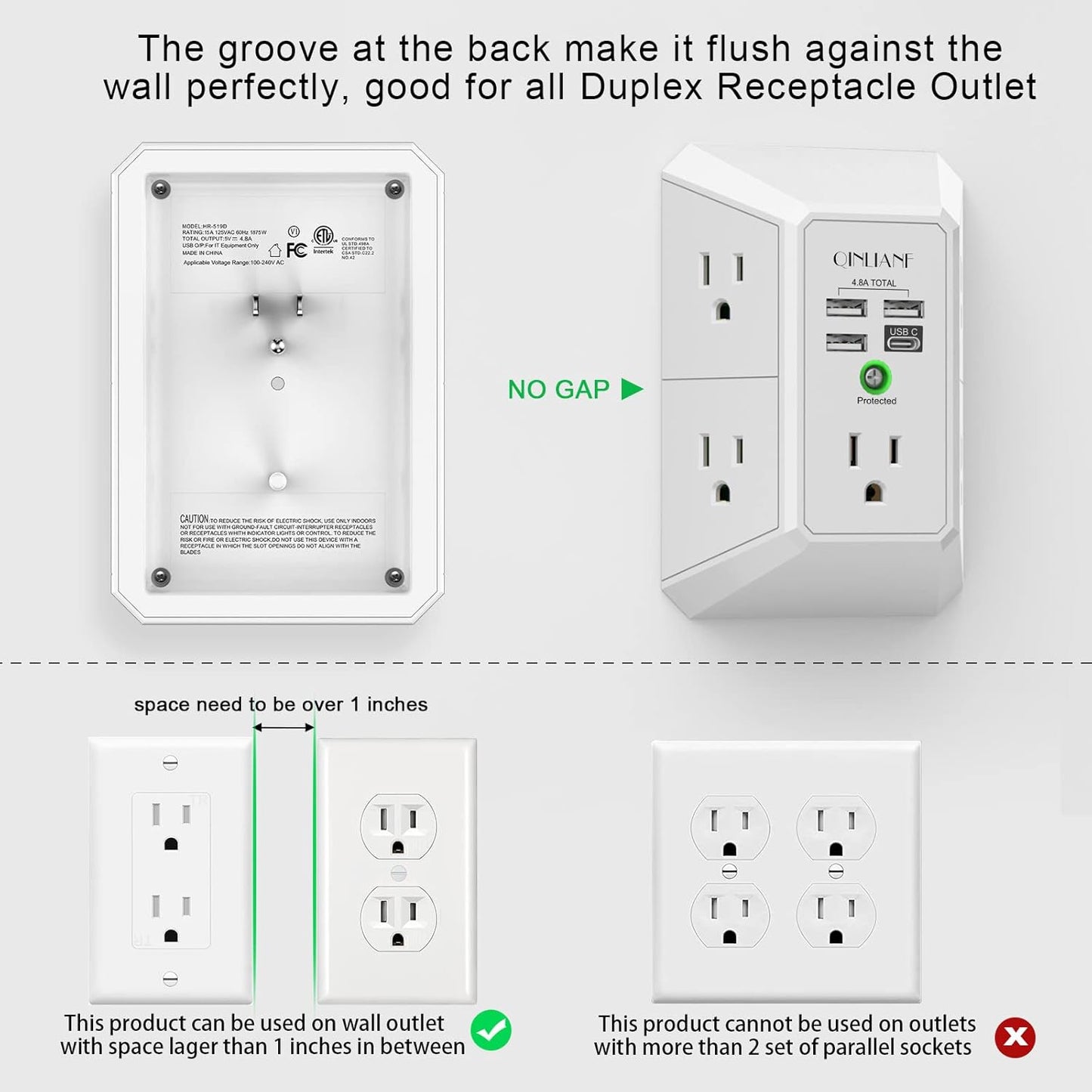 Wall Charger, Surge Protector, QINLIANF 5 Outlet Extender with 4 USB Charging Ports