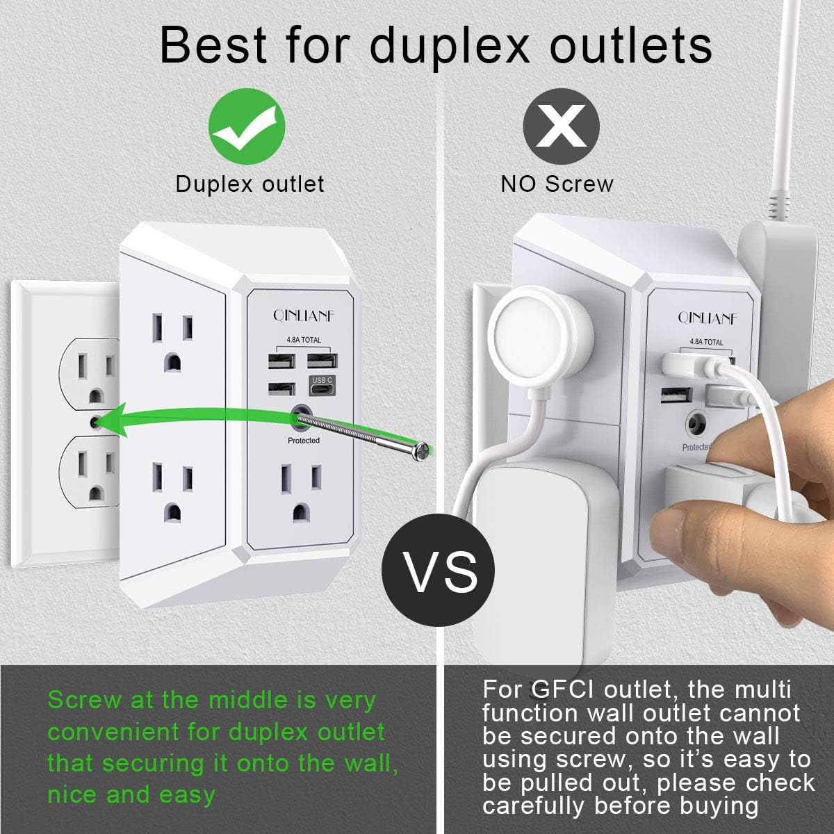 Wall Charger, Surge Protector, QINLIANF 5 Outlet Extender with 4 USB Charging Ports