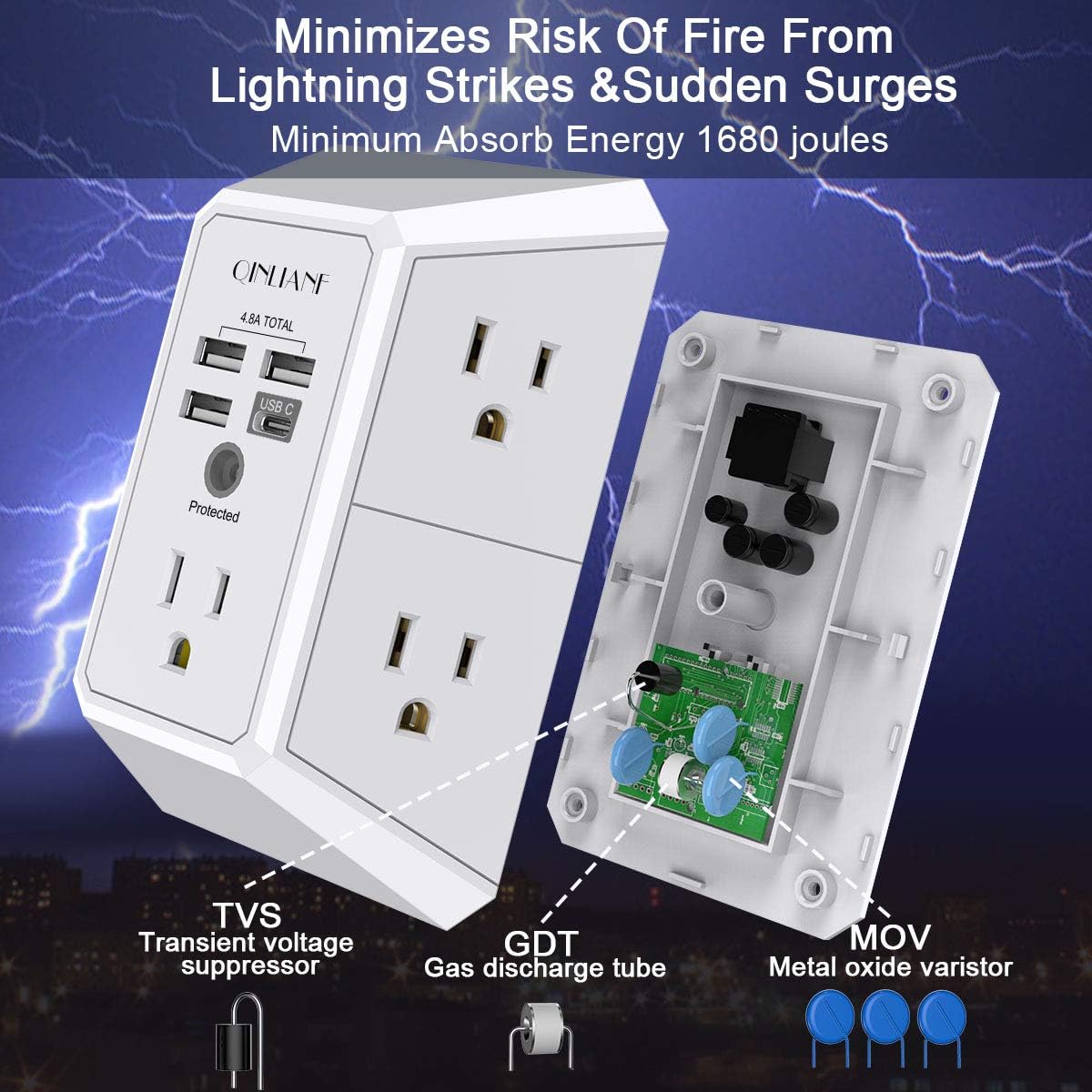 Wall Charger, Surge Protector, QINLIANF 5 Outlet Extender with 4 USB Charging Ports